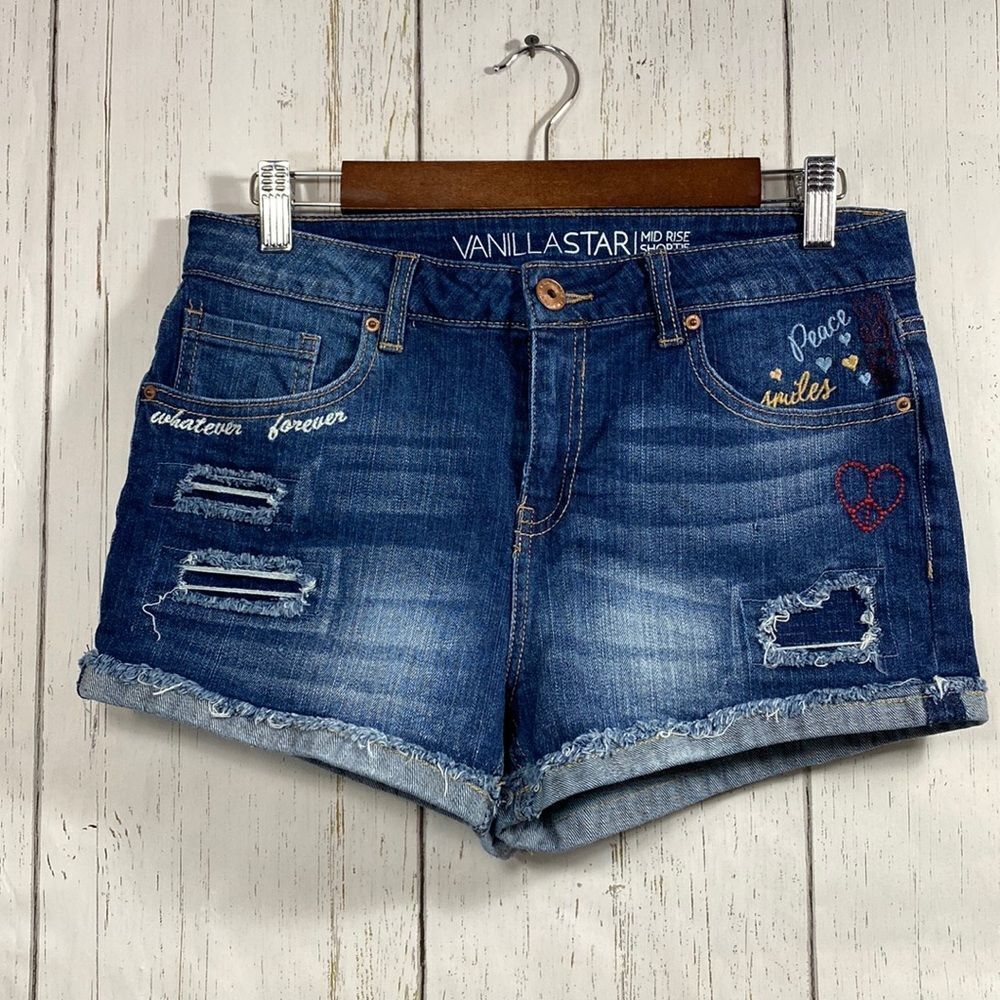 Vanilla Star Womens Embroidered Cuffed Distressed Mid Rise Jean Denim Shorts
